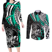 personalised-polynesia-skull-couples-matching-long-sleeve-bodycon-dress-and-long-sleeve-button-shirts-tattoo-in-the-style-of-maori-with-marine-life-aqua