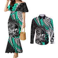 Personalised Polynesia Skull Couples Matching Mermaid Dress and Long Sleeve Button Shirts Tattoo In The Style Of Maori With Marine Life Aqua LT9 Aqua - Polynesian Pride