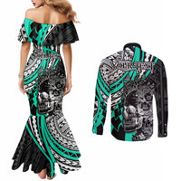 Personalised Polynesia Skull Couples Matching Mermaid Dress and Long Sleeve Button Shirts Tattoo In The Style Of Maori With Marine Life Aqua LT9 - Polynesian Pride