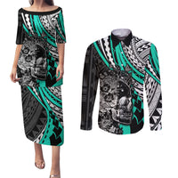 Personalised Polynesia Skull Couples Matching Puletasi Dress and Long Sleeve Button Shirts Tattoo In The Style Of Maori With Marine Life Aqua LT9 Aqua - Polynesian Pride