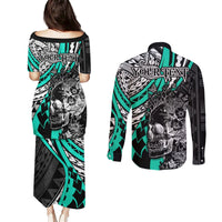 Personalised Polynesia Skull Couples Matching Puletasi Dress and Long Sleeve Button Shirts Tattoo In The Style Of Maori With Marine Life Aqua LT9 - Polynesian Pride