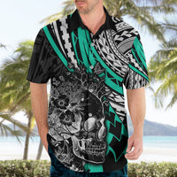 Personalised Polynesia Skull Hawaiian Shirt Tattoo In The Style Of Maori With Marine Life Aqua LT9 - Polynesian Pride