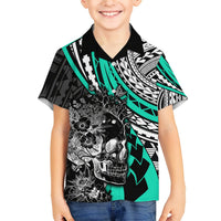 Personalised Polynesia Skull Hawaiian Shirt Tattoo In The Style Of Maori With Marine Life Aqua LT9 - Polynesian Pride