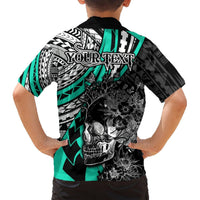 Personalised Polynesia Skull Hawaiian Shirt Tattoo In The Style Of Maori With Marine Life Aqua LT9 - Polynesian Pride