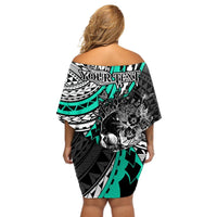 Personalised Polynesia Skull Off Shoulder Short Dress Tattoo In The Style Of Maori With Marine Life Aqua LT9 - Polynesian Pride
