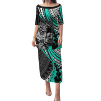Personalised Polynesia Skull Puletasi Tattoo In The Style Of Maori With Marine Life Aqua LT9 Long Dress Aqua - Polynesian Pride