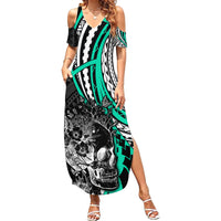 Personalised Polynesia Skull Summer Maxi Dress Tattoo In The Style Of Maori With Marine Life Aqua LT9 Women Aqua - Polynesian Pride