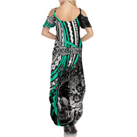 Personalised Polynesia Skull Summer Maxi Dress Tattoo In The Style Of Maori With Marine Life Aqua LT9 - Polynesian Pride