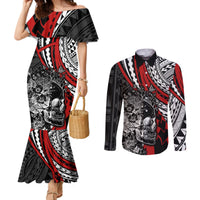 Personalised Polynesia Skull Couples Matching Mermaid Dress and Long Sleeve Button Shirts Tattoo In The Style Of Maori With Marine Life Red LT9 Red - Polynesian Pride
