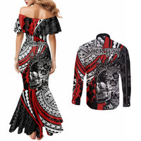 Personalised Polynesia Skull Couples Matching Mermaid Dress and Long Sleeve Button Shirts Tattoo In The Style Of Maori With Marine Life Red LT9 - Polynesian Pride