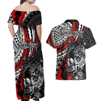 personalised-polynesia-skull-couples-matching-off-shoulder-maxi-dress-and-hawaiian-shirt-tattoo-in-the-style-of-maori-with-marine-life-red