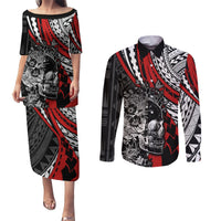 Personalised Polynesia Skull Couples Matching Puletasi Dress and Long Sleeve Button Shirts Tattoo In The Style Of Maori With Marine Life Red LT9 Red - Polynesian Pride