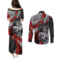 Personalised Polynesia Skull Couples Matching Puletasi Dress and Long Sleeve Button Shirts Tattoo In The Style Of Maori With Marine Life Red LT9 - Polynesian Pride