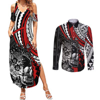 Personalised Polynesia Skull Couples Matching Summer Maxi Dress and Long Sleeve Button Shirts Tattoo In The Style Of Maori With Marine Life Red LT9 Red - Polynesian Pride