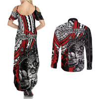 personalised-polynesia-skull-couples-matching-summer-maxi-dress-and-long-sleeve-button-shirts-tattoo-in-the-style-of-maori-with-marine-life-red