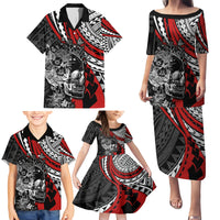 Personalised Polynesia Skull Family Matching Puletasi Dress and Hawaiian Shirt Tattoo In The Style Of Maori With Marine Life Red LT9 - Polynesian Pride