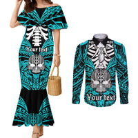 Personalised Polynesia Skull Couples Matching Mermaid Dress and Long Sleeve Button Shirts With Boars Tusk Aqua Arty Vibe LT9 Aqua - Polynesian Pride