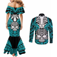 Personalised Polynesia Skull Couples Matching Mermaid Dress and Long Sleeve Button Shirts With Boars Tusk Aqua Arty Vibe LT9 - Polynesian Pride
