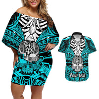Personalised Polynesia Skull Couples Matching Off Shoulder Short Dress and Hawaiian Shirt With Boars Tusk Aqua Arty Vibe LT9 Aqua - Polynesian Pride