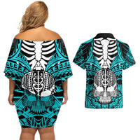 Personalised Polynesia Skull Couples Matching Off Shoulder Short Dress and Hawaiian Shirt With Boars Tusk Aqua Arty Vibe LT9 - Polynesian Pride