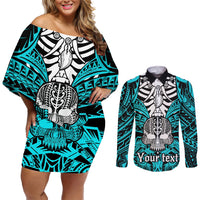 personalised-polynesia-skull-couples-matching-off-shoulder-short-dress-and-long-sleeve-button-shirts-with-boars-tusk-aqua-arty-vibe