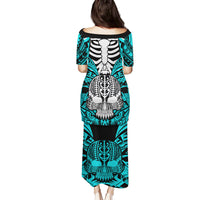 Personalised Polynesia Skull Family Matching Puletasi Dress and Hawaiian Shirt With Boars Tusk Aqua Arty Vibe LT9 - Polynesian Pride