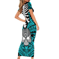 personalised-polynesia-skull-short-sleeve-bodycon-dress-with-boars-tusk-aqua-arty-vibe