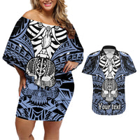personalised-polynesia-skull-couples-matching-off-shoulder-short-dress-and-hawaiian-shirt-with-boars-tusk-blue-arty-vibe