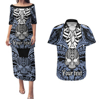 Personalised Polynesia Skull Couples Matching Puletasi Dress and Hawaiian Shirt With Boars Tusk Blue Arty Vibe LT9 Blue - Polynesian Pride