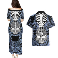 Personalised Polynesia Skull Couples Matching Puletasi Dress and Hawaiian Shirt With Boars Tusk Blue Arty Vibe LT9 - Polynesian Pride
