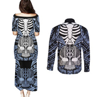 personalised-polynesia-skull-couples-matching-puletasi-dress-and-long-sleeve-button-shirts-with-boars-tusk-blue-arty-vibe