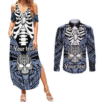 Personalised Polynesia Skull Couples Matching Summer Maxi Dress and Long Sleeve Button Shirts With Boars Tusk Blue Arty Vibe LT9 Blue - Polynesian Pride