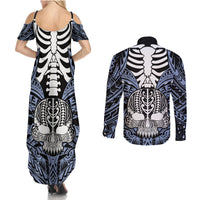 Personalised Polynesia Skull Couples Matching Summer Maxi Dress and Long Sleeve Button Shirts With Boars Tusk Blue Arty Vibe LT9 - Polynesian Pride