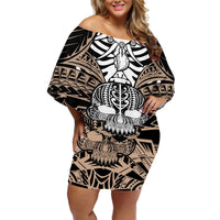 Personalised Polynesia Skull Off Shoulder Short Dress With Boars Tusk Gold Arty Vibe LT9 Women Gold - Polynesian Pride