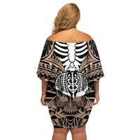 Personalised Polynesia Skull Off Shoulder Short Dress With Boars Tusk Gold Arty Vibe LT9 - Polynesian Pride