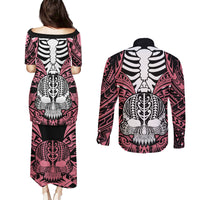 personalised-polynesia-skull-couples-matching-puletasi-dress-and-long-sleeve-button-shirts-with-boars-tusk-pink-arty-vibe
