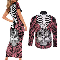 Personalised Polynesia Skull Couples Matching Short Sleeve Bodycon Dress and Long Sleeve Button Shirts With Boars Tusk Pink Arty Vibe LT9 - Polynesian Pride