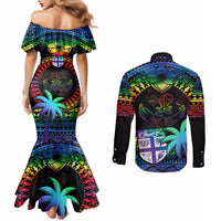 Fiji LGBT Couples Matching Mermaid Dress and Long Sleeve Button Shirts Love Is Love Tapa Pattern Rainbow Water Color LT9 - Polynesian Pride