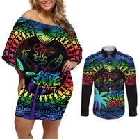 Fiji LGBT Couples Matching Off Shoulder Short Dress and Long Sleeve Button Shirts Love Is Love Tapa Pattern Rainbow Water Color LT9 Black - Polynesian Pride