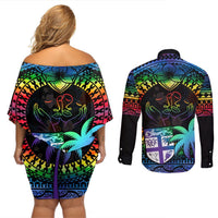 Fiji LGBT Couples Matching Off Shoulder Short Dress and Long Sleeve Button Shirts Love Is Love Tapa Pattern Rainbow Water Color LT9 - Polynesian Pride