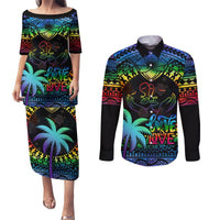 Fiji LGBT Couples Matching Puletasi Dress and Long Sleeve Button Shirts Love Is Love Tapa Pattern Rainbow Water Color LT9 Black - Polynesian Pride