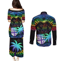 Fiji LGBT Couples Matching Puletasi Dress and Long Sleeve Button Shirts Love Is Love Tapa Pattern Rainbow Water Color LT9 - Polynesian Pride