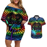 Personalised Fiji LGBT Couples Matching Off Shoulder Short Dress and Hawaiian Shirt Love Is Love Tapa Pattern Rainbow Water Color LT9 Black - Polynesian Pride