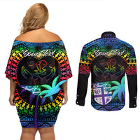 personalised-fiji-lgbt-couples-matching-off-shoulder-short-dress-and-long-sleeve-button-shirts-love-is-love-tapa-pattern-rainbow-water-color