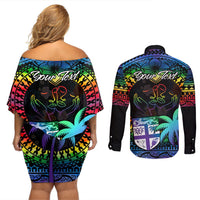 personalised-fiji-lgbt-couples-matching-off-shoulder-short-dress-and-long-sleeve-button-shirts-love-is-love-tapa-pattern-rainbow-water-color