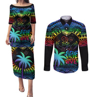 Personalised Fiji LGBT Couples Matching Puletasi Dress and Long Sleeve Button Shirts Love Is Love Tapa Pattern Rainbow Water Color LT9 Black - Polynesian Pride