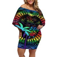 Personalised Fiji LGBT Off Shoulder Short Dress Love Is Love Tapa Pattern Rainbow Water Color LT9 Women Black - Polynesian Pride