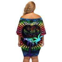 Personalised Fiji LGBT Off Shoulder Short Dress Love Is Love Tapa Pattern Rainbow Water Color LT9 - Polynesian Pride
