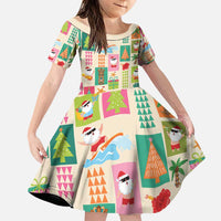 Mele Kalikimaka Hawaii Christmas Family Matching Puletasi and Hawaiian Shirt Funny Santan Hippie Style LT9 Daughter's Dress Beige - Polynesian Pride