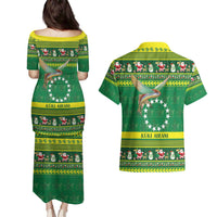 Meri Kiritimiti Cook Islands Christmas Couples Matching Puletasi and Hawaiian Shirt Maroro Flying Fish and White Stars
